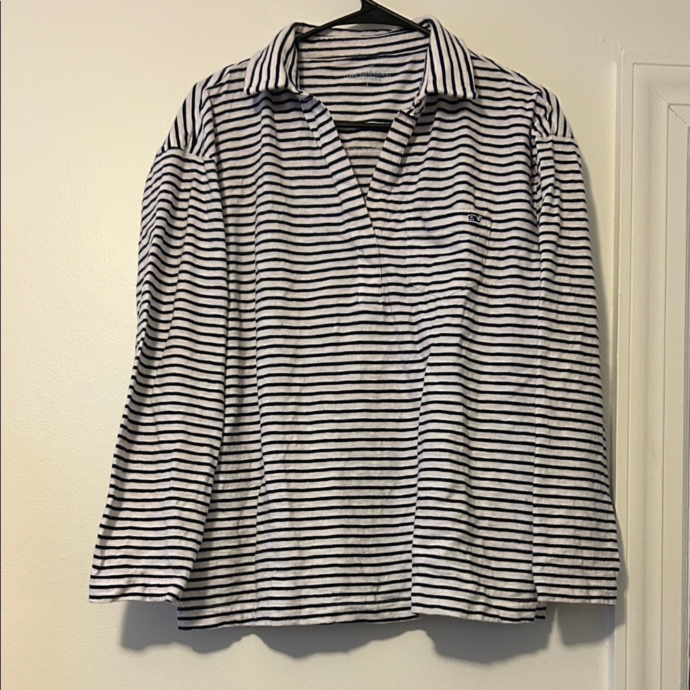 Vineyard Vines- V Neck Collared Striped Navy and White Shirt, Size Large